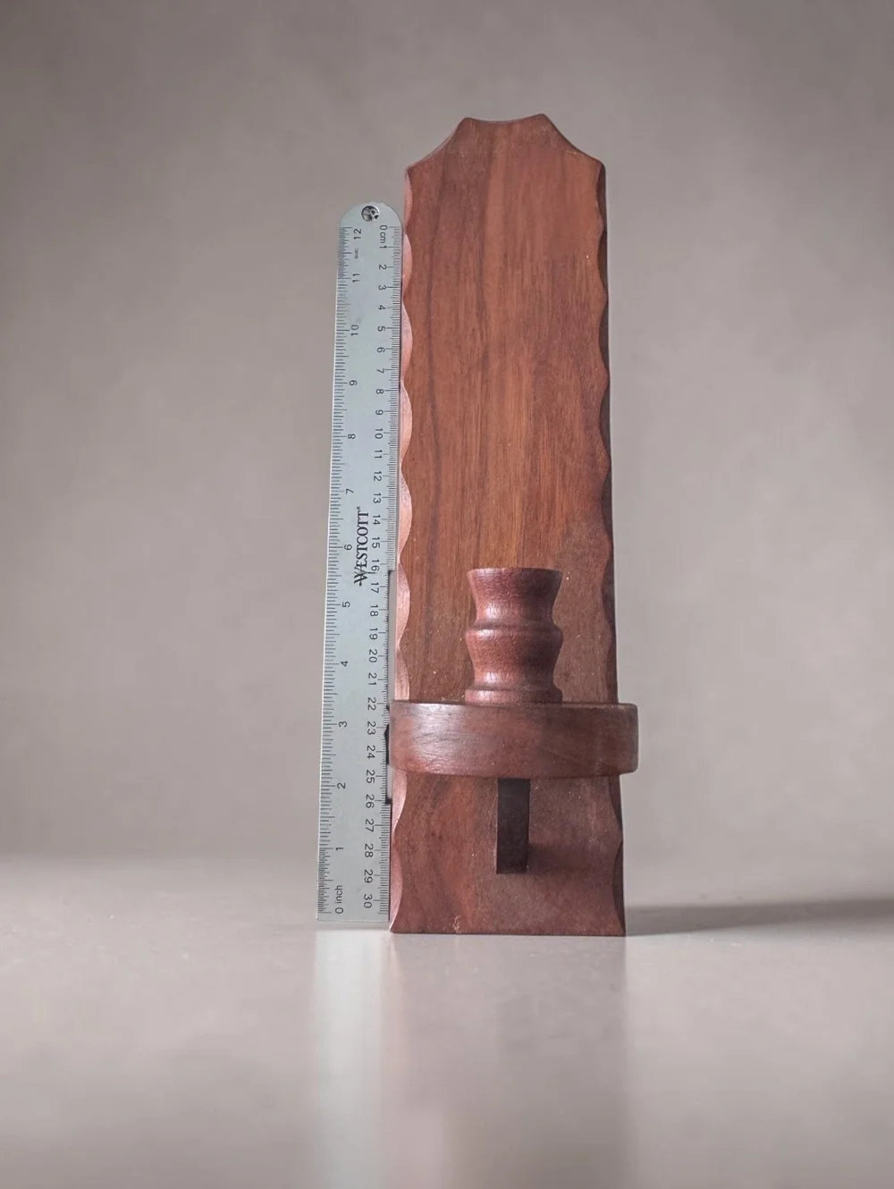 Mid-Century Modern Teak Wood Wall Candle Holder with Carved Detail